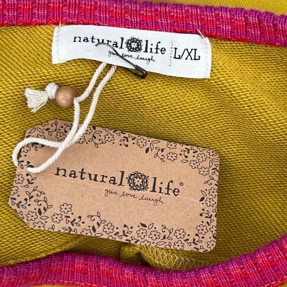 NATURAL LIFE Oversize Raw Hem Knit Trim Sweatshirt Mustard Yellow Pink L/XL NWT - Picture 4 of 5